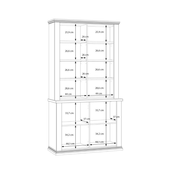 Montclair 4 door display cabinet internal dimensions diagram showing glazed display shelf spacing and lower cupboard storage measurements.
