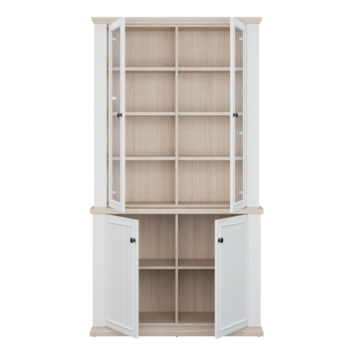Front view of the Montclair white and oak effect 4 door display cabinet with all doors open, showing multiple display shelves and lower enclosed storage shelving.