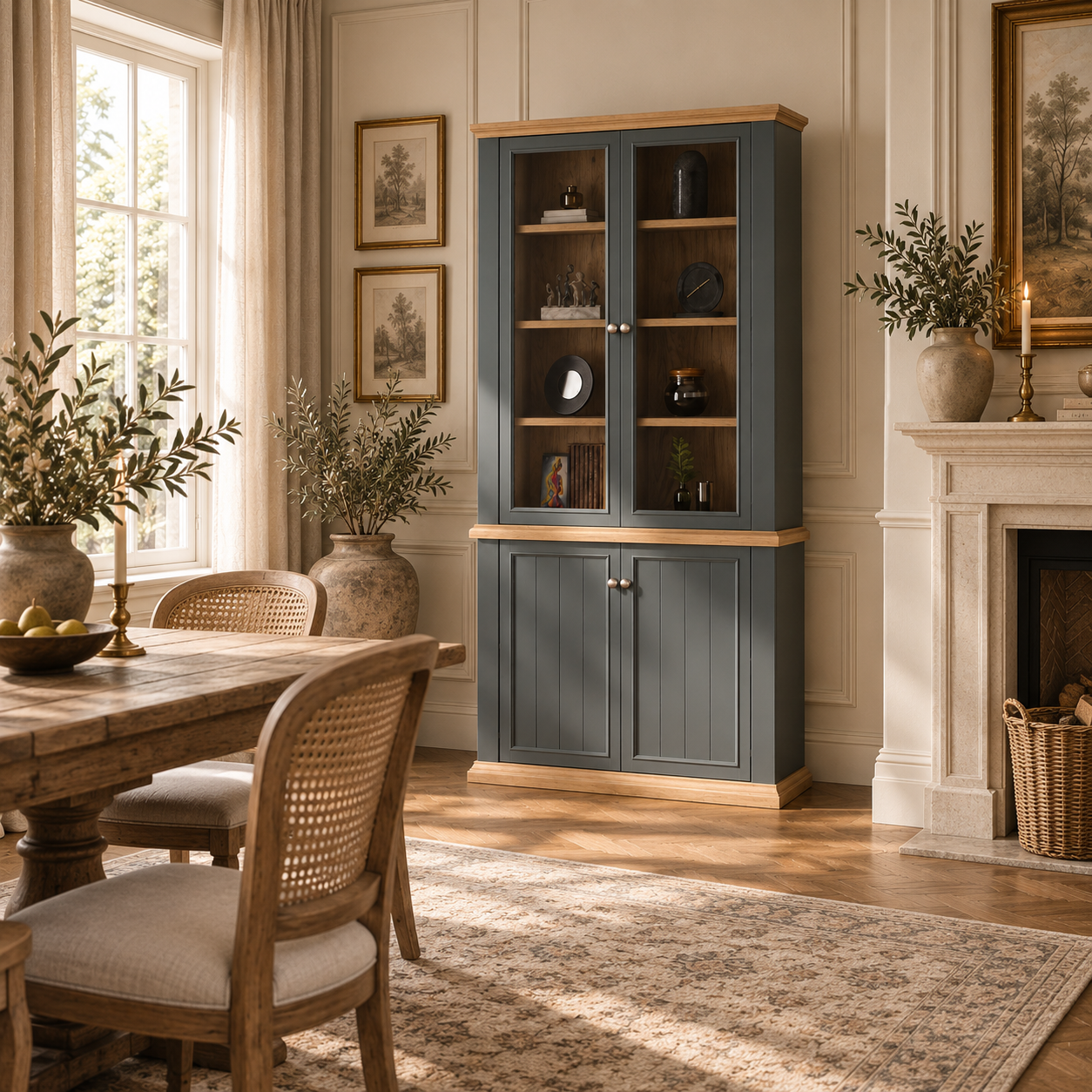 Montclair 4 door grey and oak effect display cabinet with glazed doors in a warm country dining room by a fireplace.
