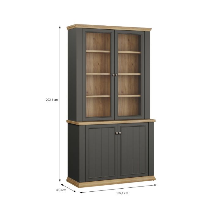 Montclair tall grey and oak effect 4 door display cabinet dimensions showing an overall height of 202.1cm, width of 109.1cm and depth of 43.3cm.