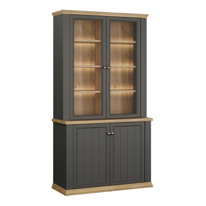 Montclair tall 4 door display cabinet in grey with oak effect trim, two glazed display doors, internal wooden shelves and two lower storage cupboard doors.