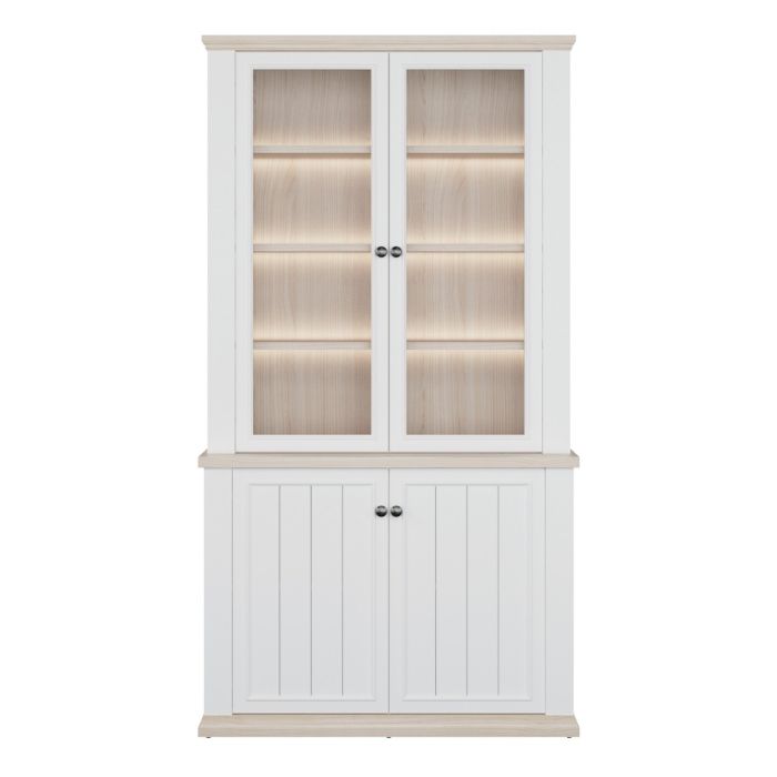 Front view of the Montclair tall white display cabinet with oak effect trim, two glazed doors, illuminated display shelves and two lower storage cupboard doors.