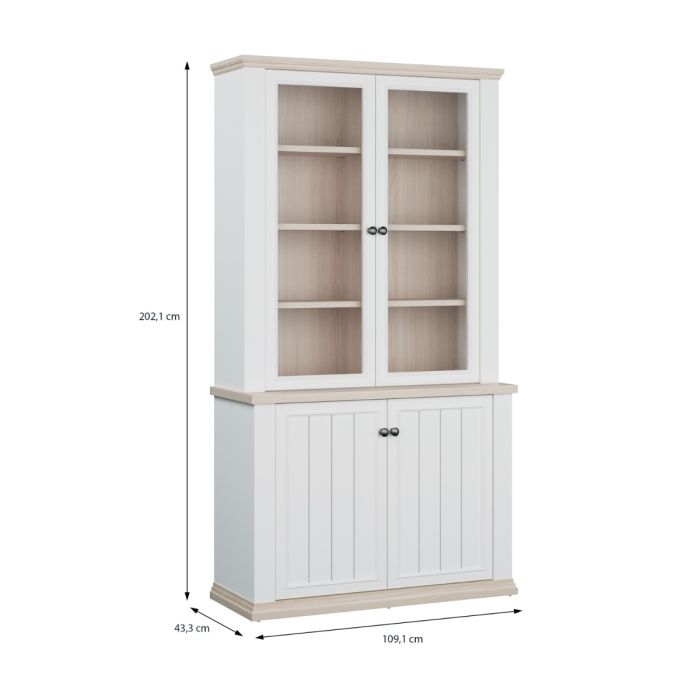 Montclair tall white and oak effect 4 door display cabinet dimensions showing 202.1cm height, 109.1cm width and 43.3cm depth.