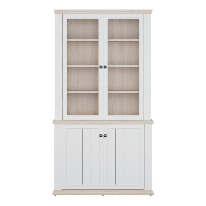 Front view of the Montclair tall white and oak effect 4 door display cabinet with two glazed glass doors, internal display shelves and two panelled storage cupboard doors.