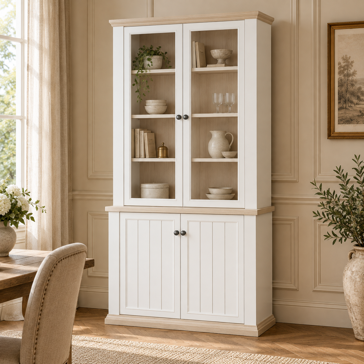 Montclair tall white and oak effect glazed display cabinet in a warm dining room with panelled walls and wood floor.