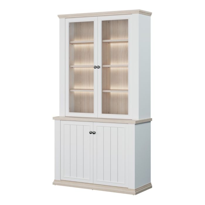 Montclair tall 4 door display cabinet in white and oak effect with glazed upper doors, illuminated wooden display shelves and panelled lower storage cupboards.