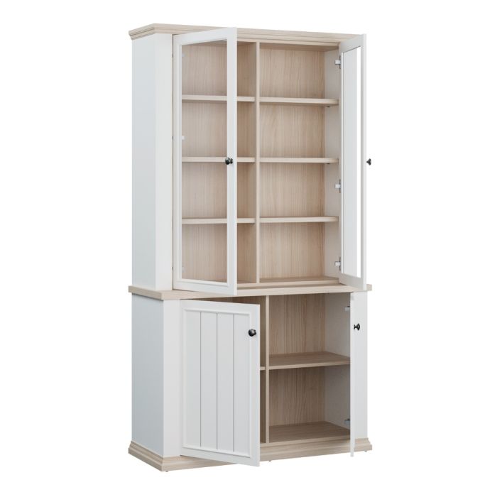 Montclair tall white and oak effect 4 door display cabinet shown open, revealing glazed upper display shelving and spacious lower cupboard storage shelves.