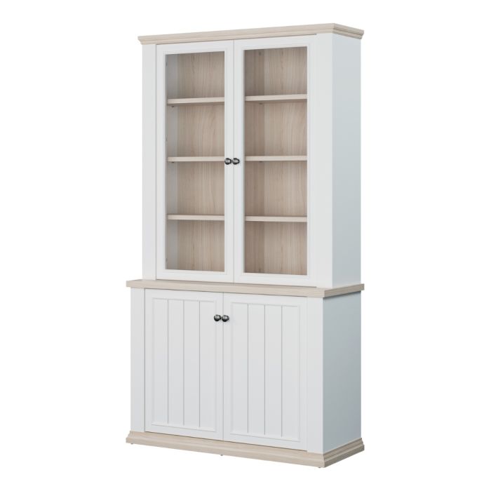 Montclair tall white and oak effect display cabinet with 4 doors, glazed upper display section, multiple wooden shelves and enclosed lower storage cupboards.