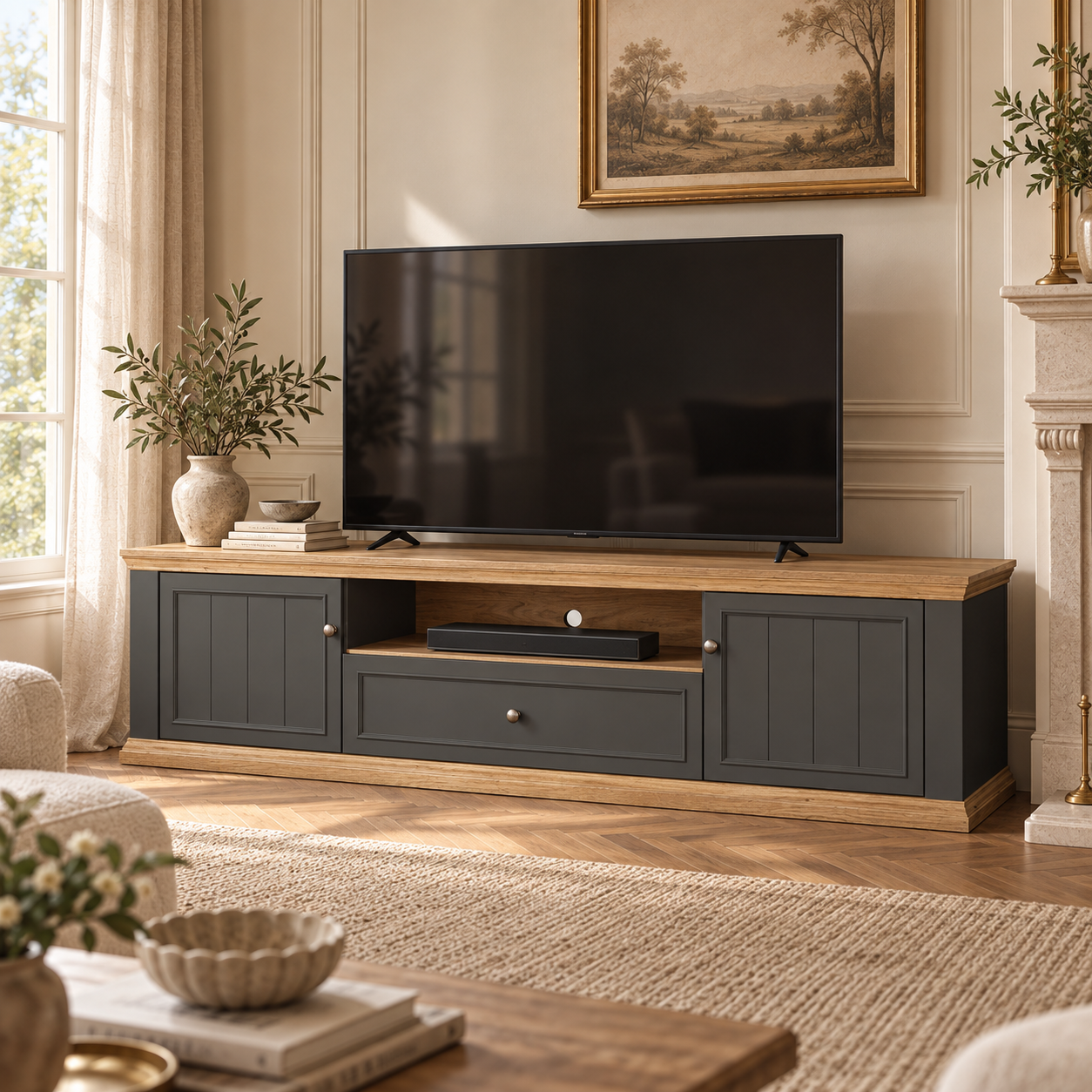 Montclair grey and oak effect TV unit with 2 doors, drawer and open shelf in a sunlit classic living room
