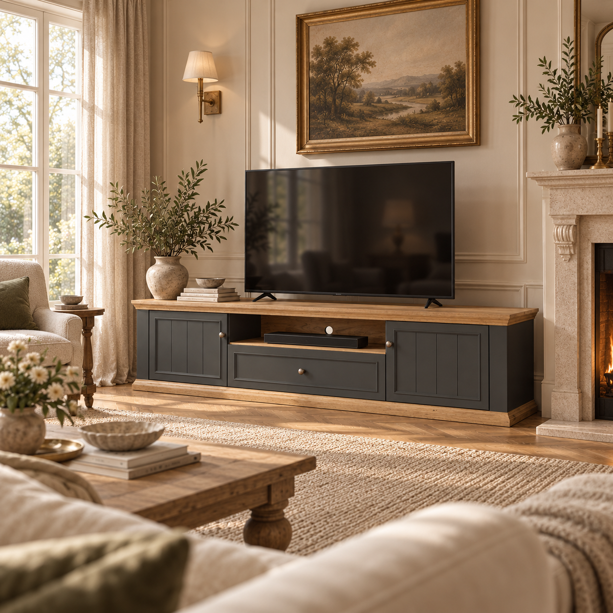 Montclair wide grey and oak effect TV unit with drawer and open shelf, styled beside a fireplace in a bright living room