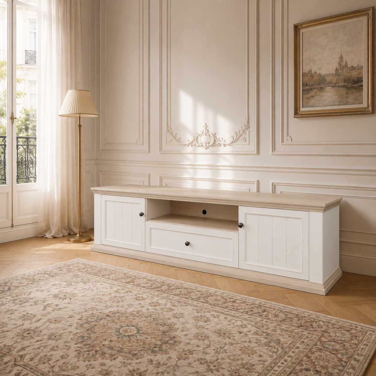 Montclair white and oak effect TV unit with 2 doors, drawer and open shelf in an elegant Parisian living room.