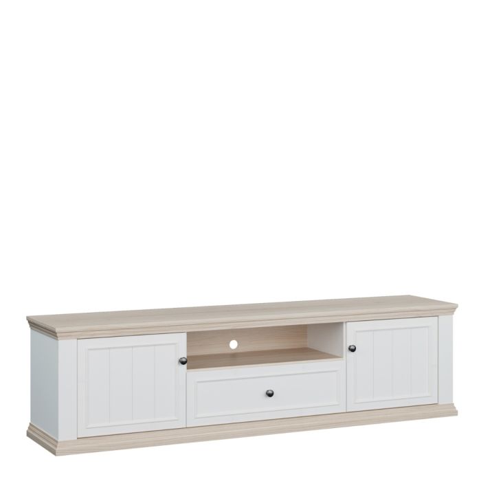 Montclair white and oak effect TV unit with 2 doors, drawer and open shelf on a plain white background.
