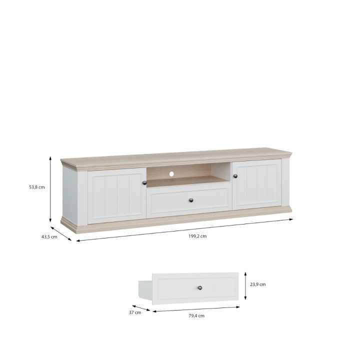 Montclair white and oak effect TV unit dimensions shown with drawer measurements on a plain white background.