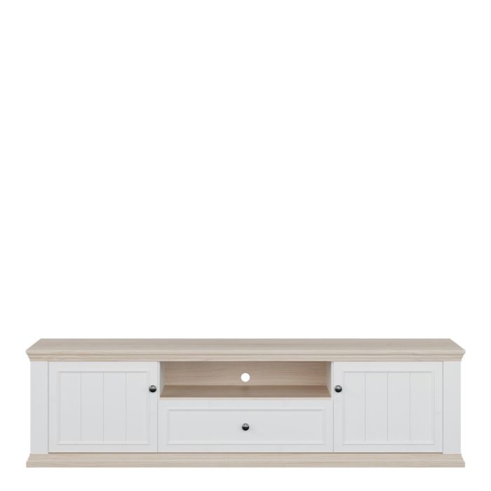 Montclair white and oak effect TV unit with 2 doors, central drawer and open media shelf on a white background.