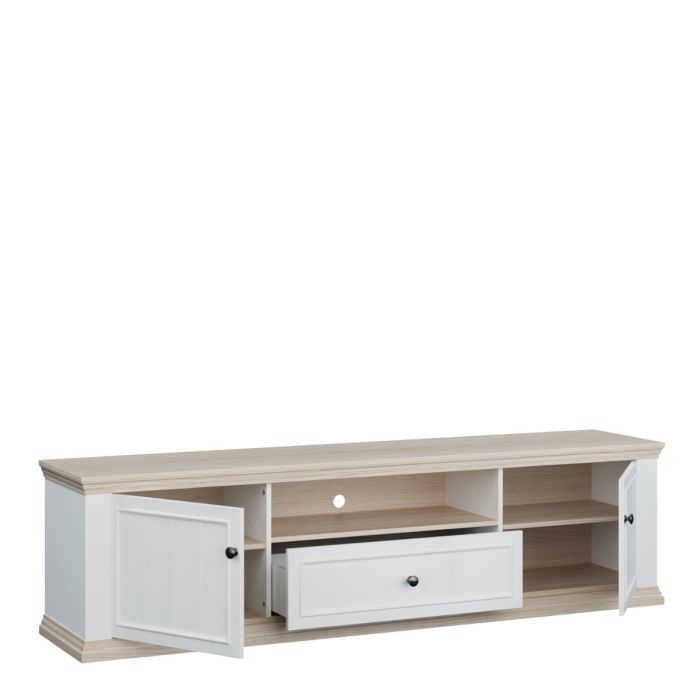 Montclair white and oak effect TV unit with doors open, drawer extended and shelving on a white background.
