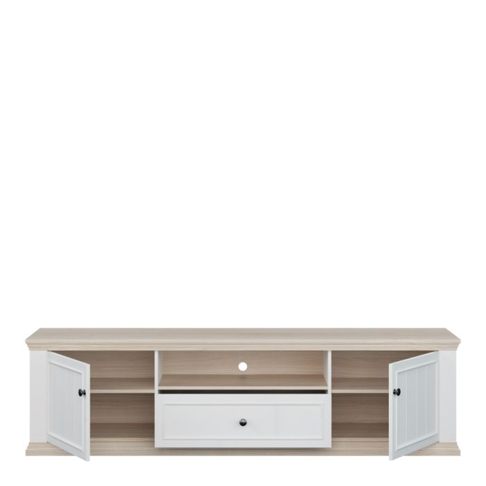 Montclair white and oak effect TV unit with doors open, drawer extended and shelving on a white backgrounds.