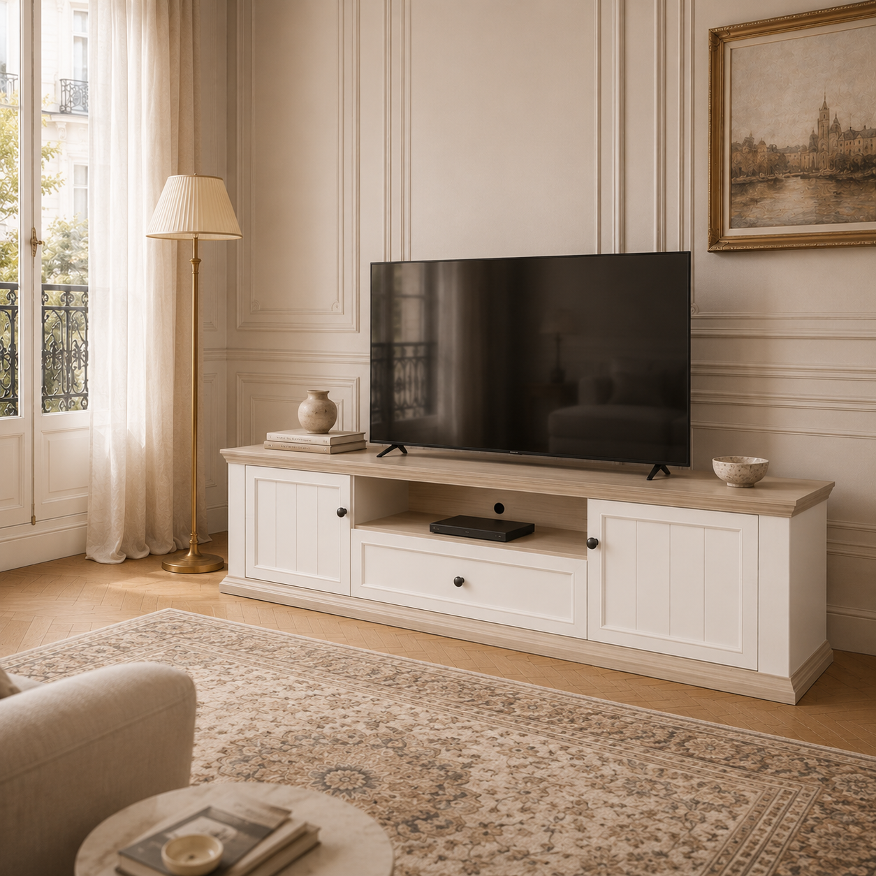 Montclair white and oak effect TV unit with 2 doors, drawer and open shelf in a sunlit Parisian living room.