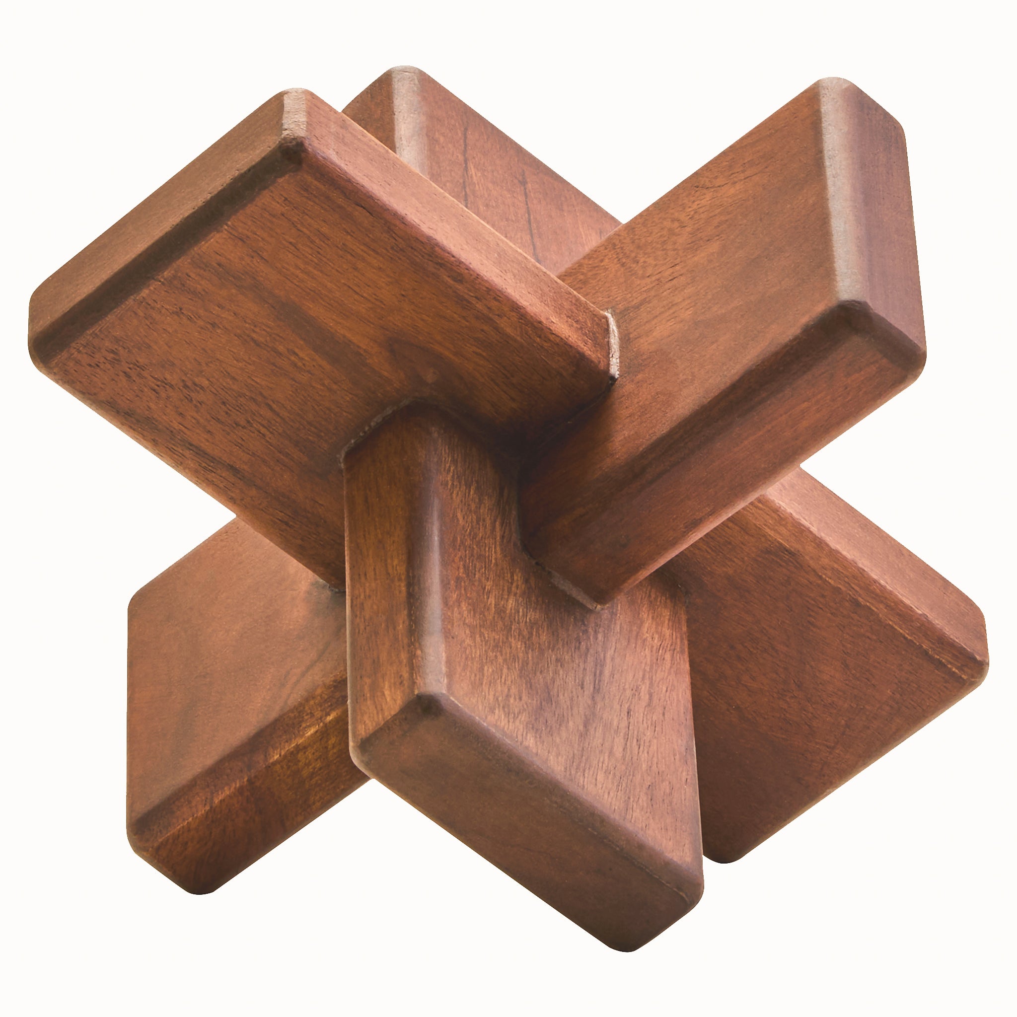 Close-up angled view of the Noé acacia wood sculptural object showing the interlocking hand-carved wooden sections and warm brown grain