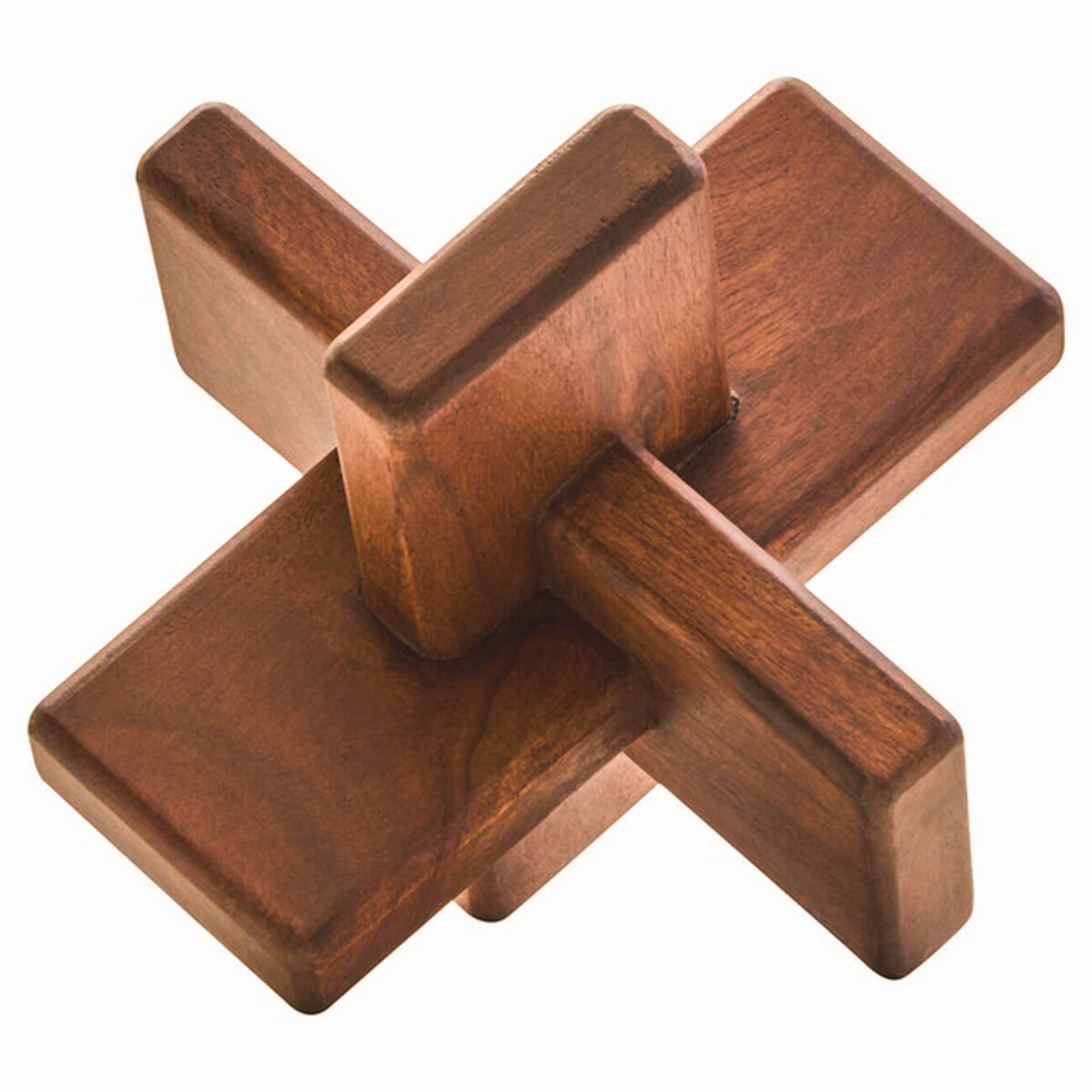 Noé hand-carved brown acacia wood sculptural object with interlocking geometric form and visible natural wood grain on a white background