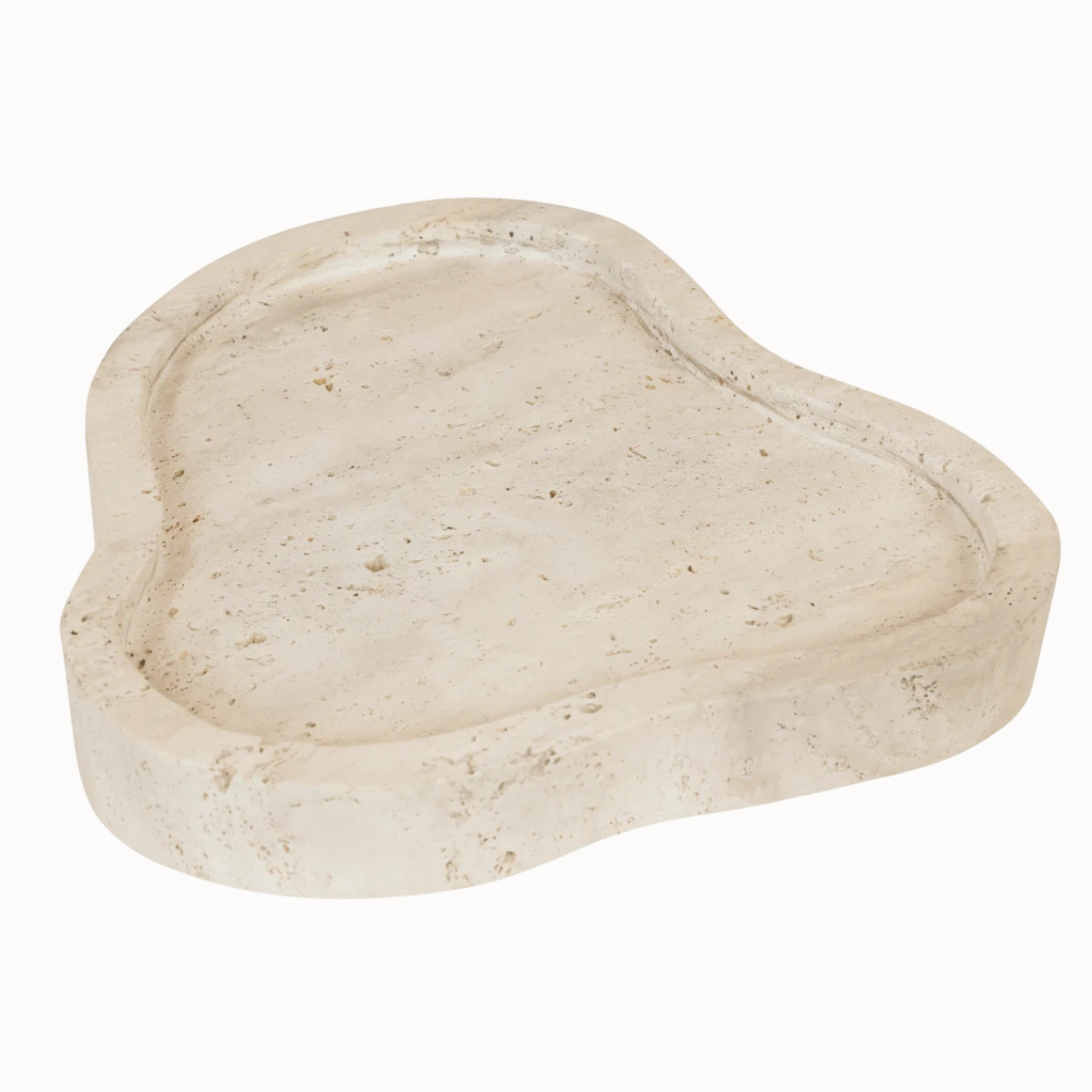 Noé irregular travertine stone tray with raised rim and natural porous texture, shown on a white background.