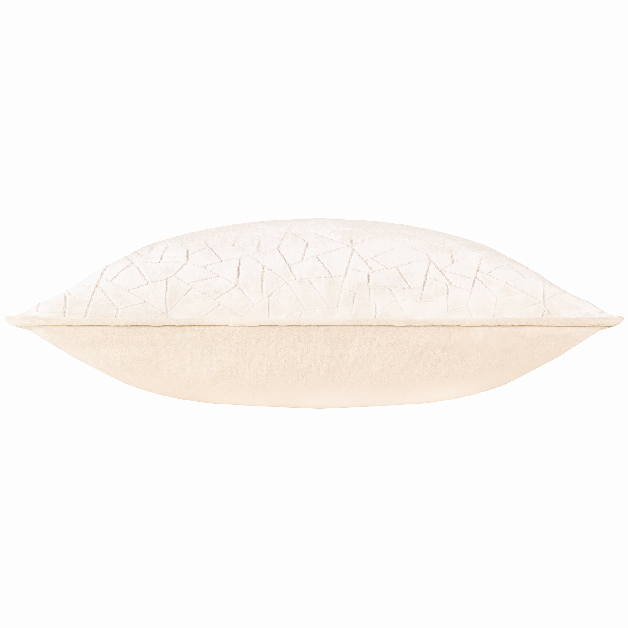 Side profile of the Noé Maëva Piped Cut Velvet Cushion in soft milk cream, showing its plump filled shape, tonal geometric velvet face and smooth cream reverse with piped edging.