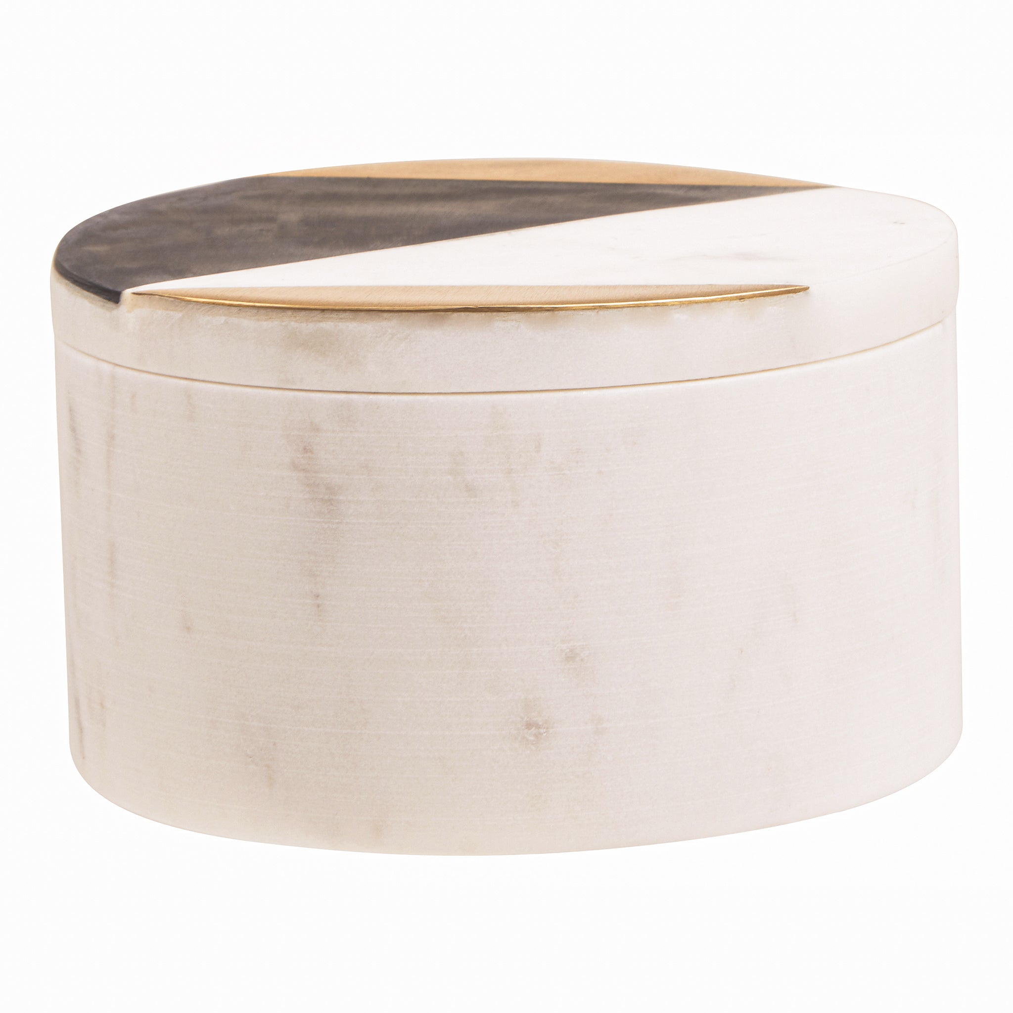 Noé Trinket Box with rounded white marble form and decorative black, white and gold geometric lid, an elegant lidded storage box for jewellery, keepsakes and small accessories.