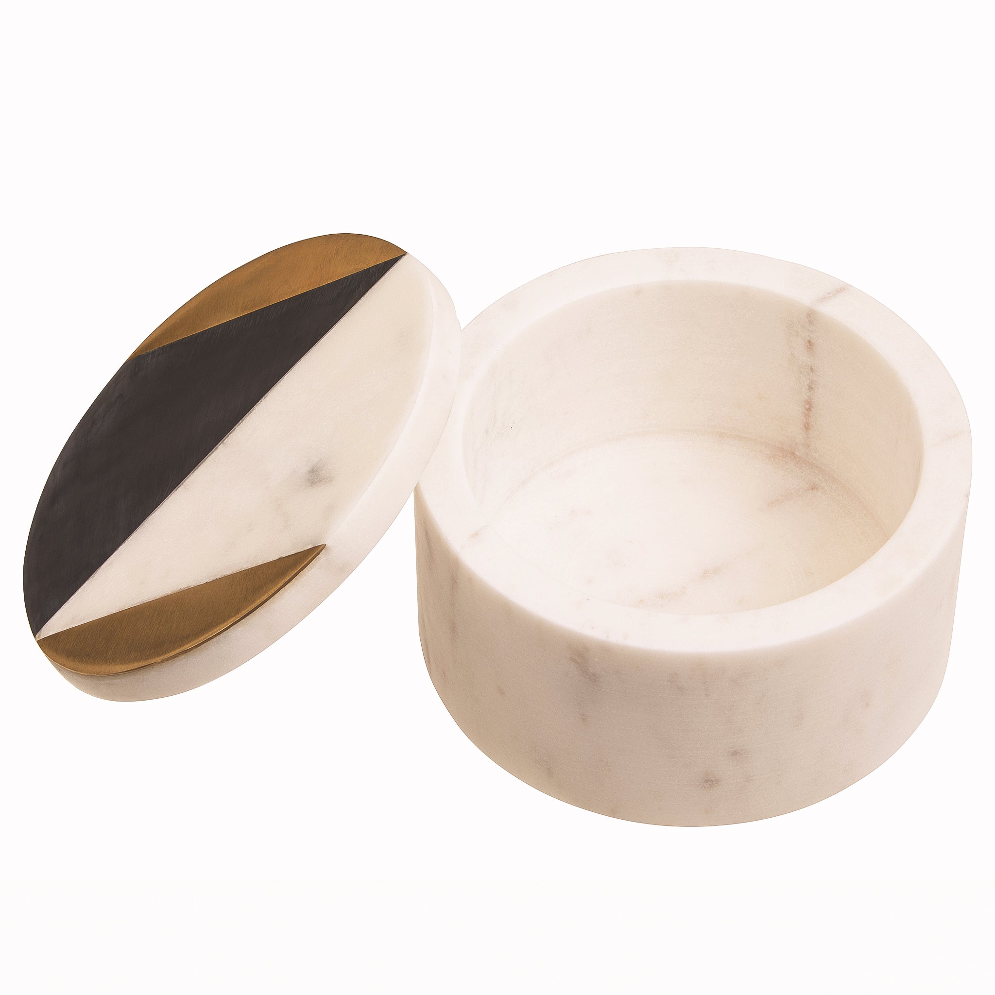 Open Noé Rounded Trinket Box showing the white marble interior and removable black, white and gold geometric lid, ideal as a decorative jewellery and keepsake storage box.