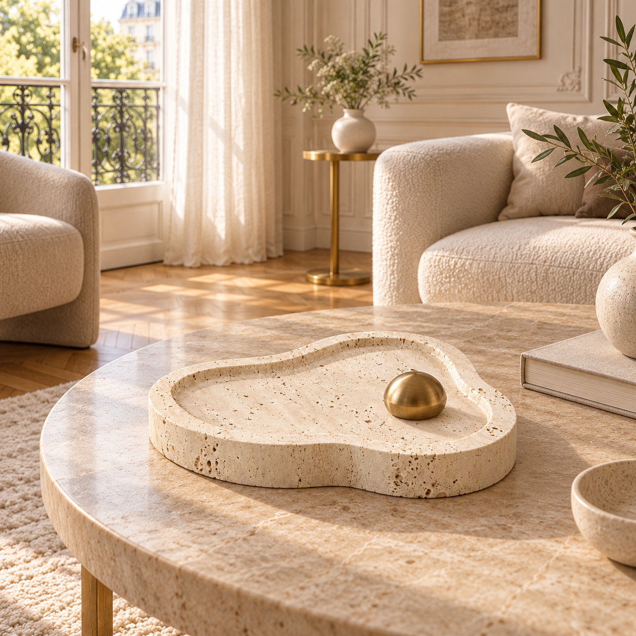 Noé travertine tray with gold ornament on a round stone table in a bright living room with cream bouclé sofas.