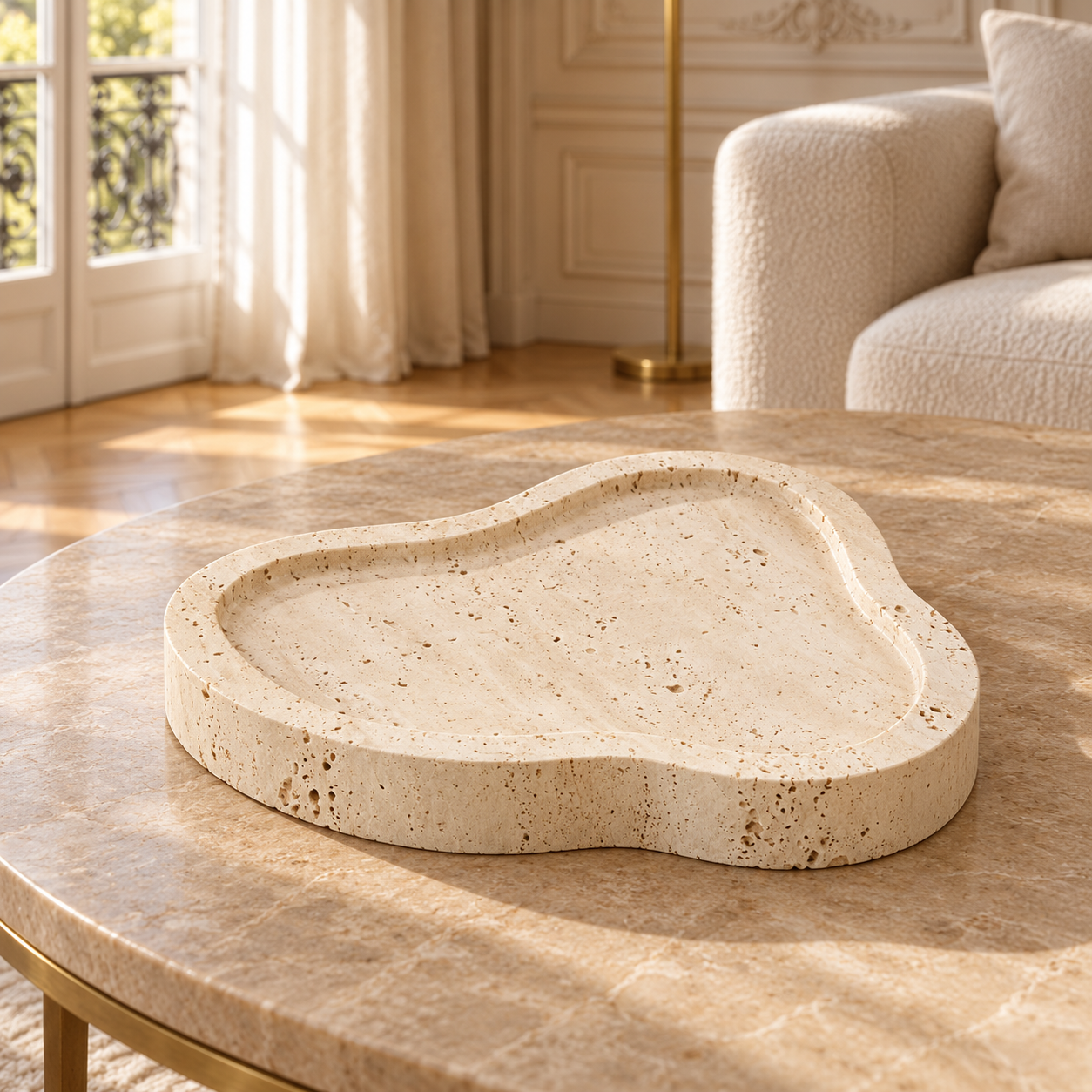 Noé irregular travertine tray on a stone coffee table in a sunlit cream living room with bouclé seating.