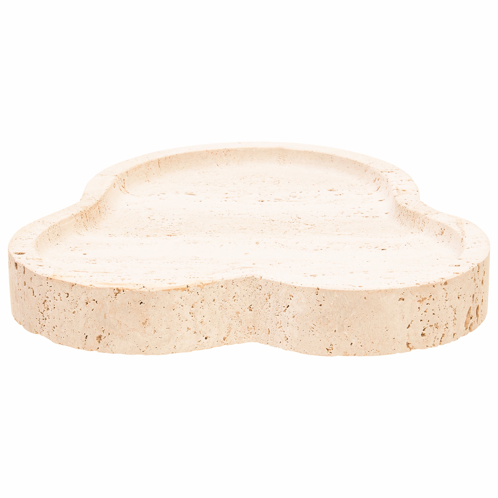 Front profile of the Noé Travertine Tray showing the sculptural irregular outline, substantial raised edge and distinctive natural travertine texture.