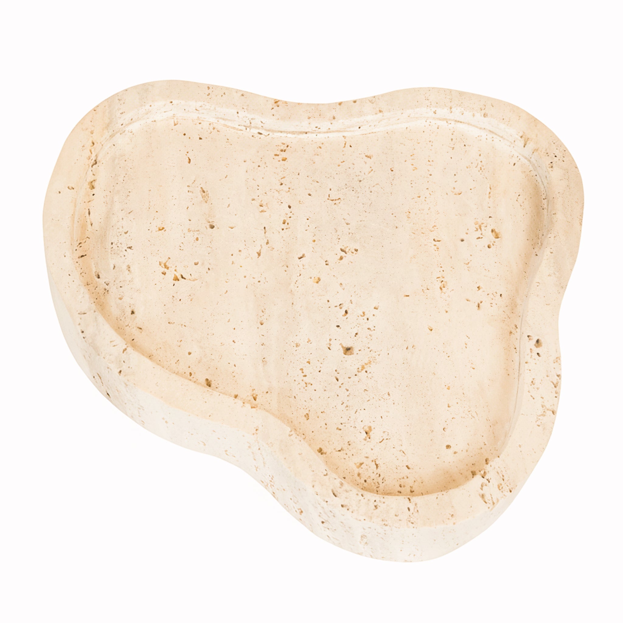 Overhead view of the Noé Travertine Tray highlighting its sculptural organic stone form, recessed centre and warm neutral travertine colouring.