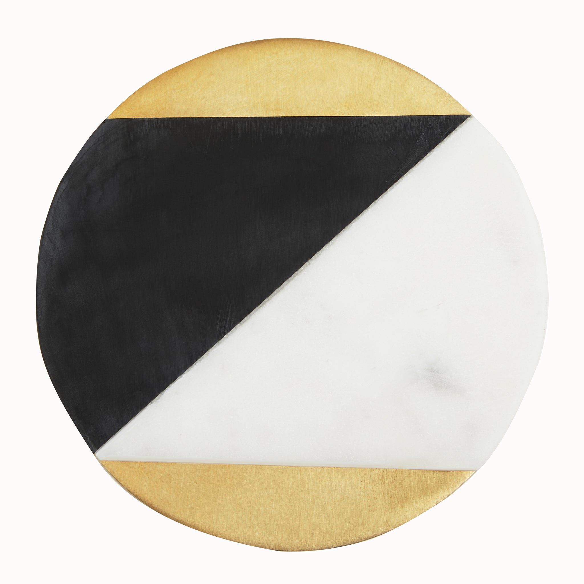 Top view of the Noé Trinket Box lid showing its striking geometric design in white marble, contrasting black and brushed gold tones, creating an elegant decorative accent.