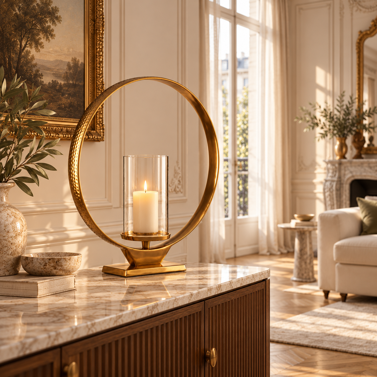 Octave gold aluminium loop candle holder with glass cylinder and candle on a marble console in a bright living room.