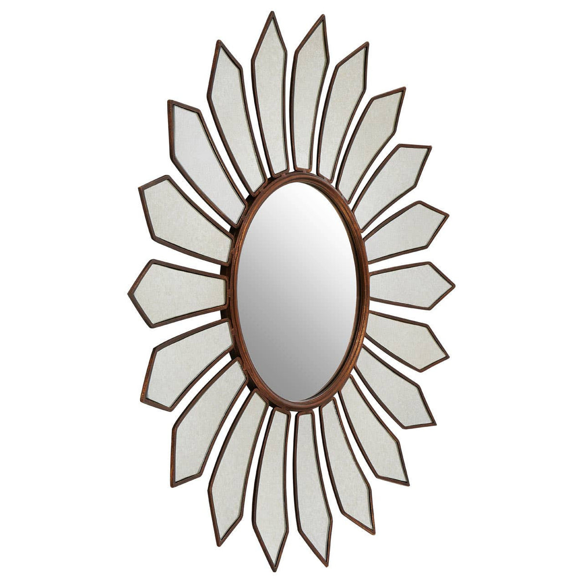 Full view of the Odette 109cm Round Floral Wall Mirror with decorative antique gold floral frame, oversized round mirror and statement sunburst silhouette designed to bring timeless elegance to classic and contemporary interiors.