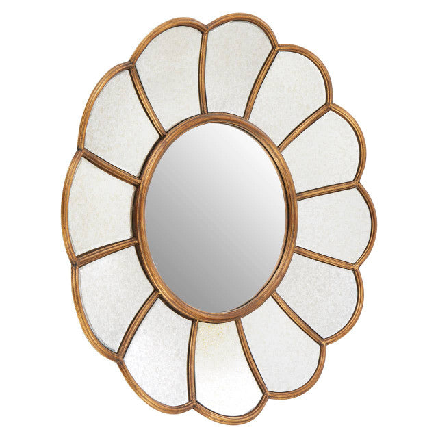Full view of the Odette 78cm Round Floral Wall Mirror showcasing an antique gold petal frame with decorative flower-shaped mirrored panels, ideal as a luxury wall mirror for contemporary, traditional and boutique-inspired interiors.