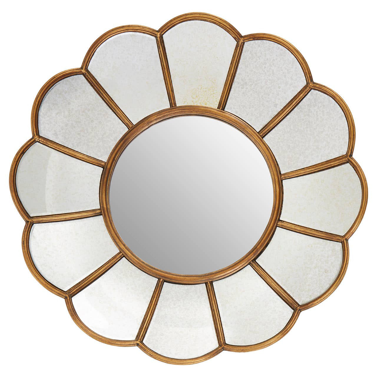 Odette 78cm Round Floral Wall Mirror with an antique gold petal frame featuring decorative floral-inspired mirrored panels surrounding a round centre mirror, creating an elegant statement wall mirror for living rooms, bedrooms, hallways and entrance spaces.