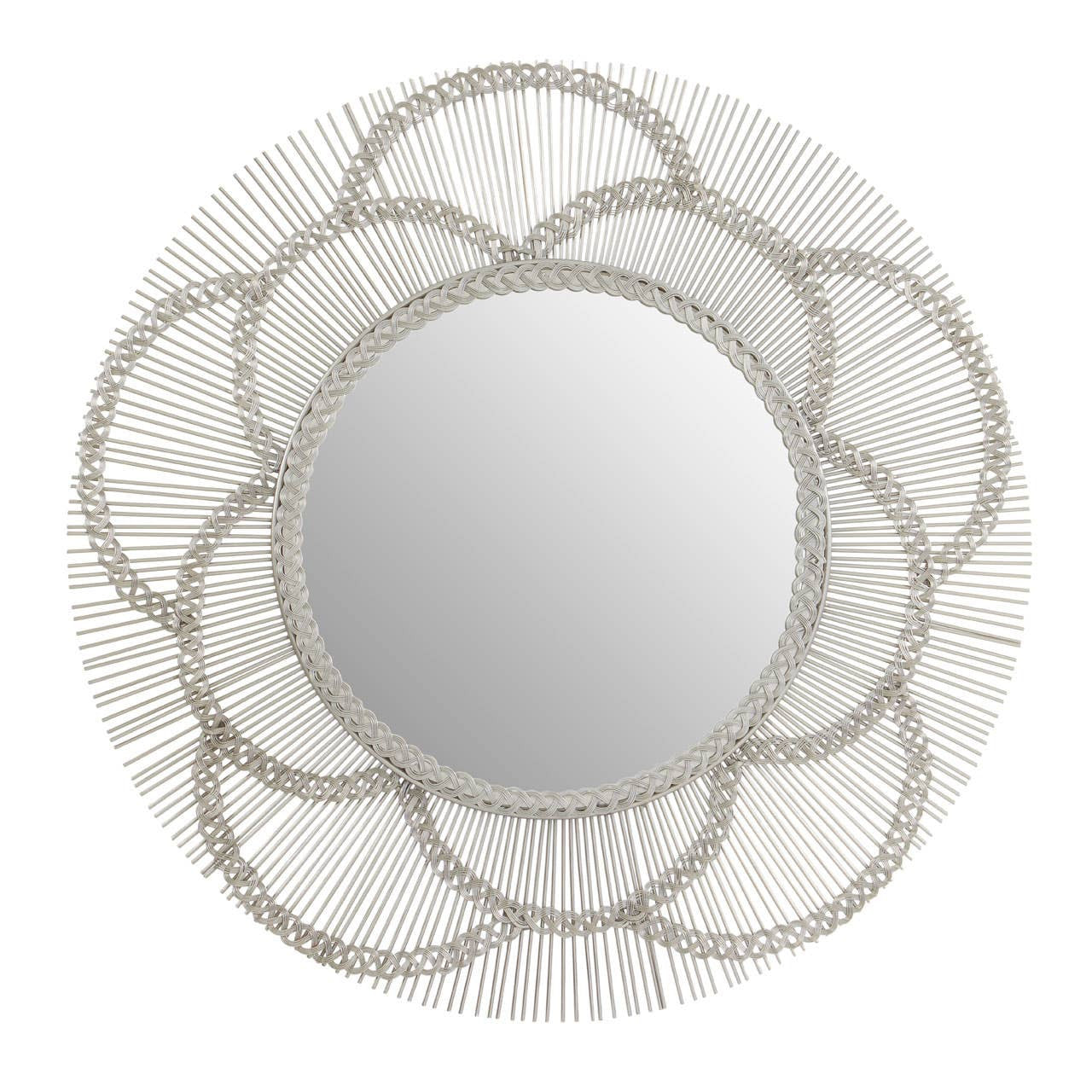 Odette 81cm Floral Wall Mirror featuring a round central mirror surrounded by an elegant silver petal frame with intricate woven detailing, creating a luxury statement wall mirror for living rooms, bedrooms, hallways and entrance spaces.