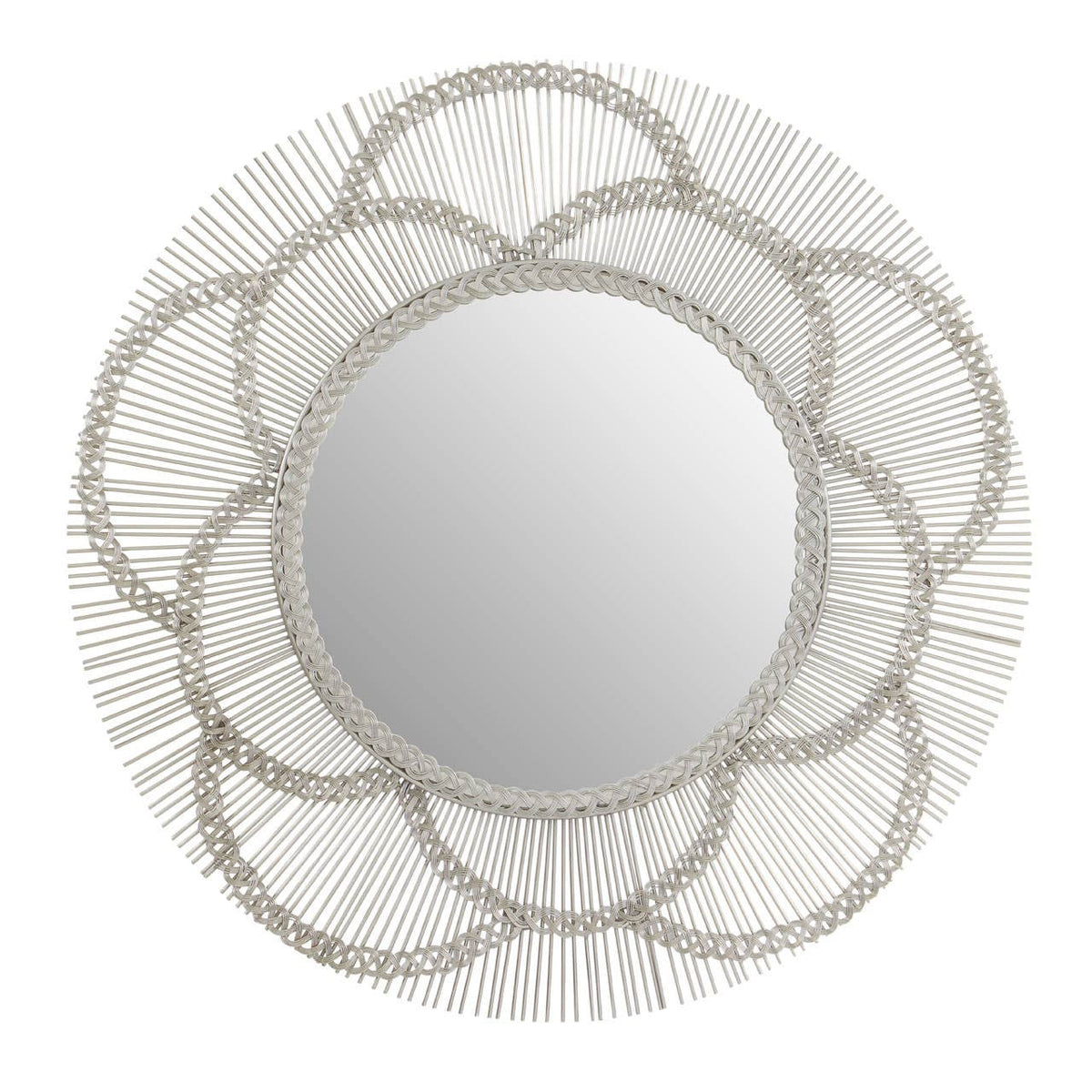 Odette 81cm Floral Wall Mirror featuring a round central mirror surrounded by an elegant silver petal frame with intricate woven detailing, creating a luxury statement wall mirror for living rooms, bedrooms, hallways and entrance spaces.