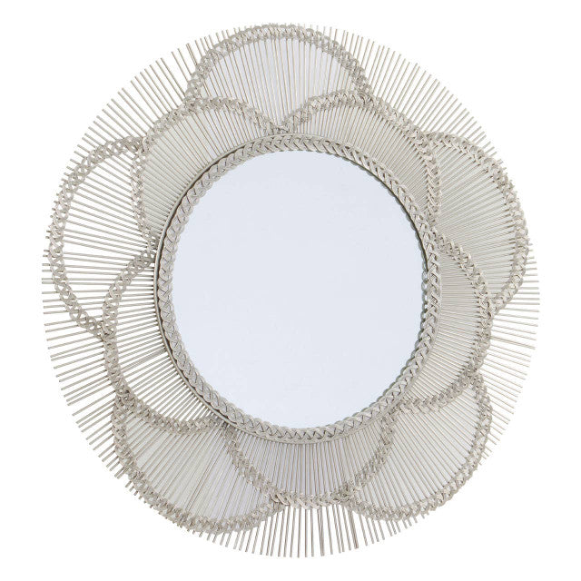 Full view of the Odette 81cm Floral Wall Mirror showcasing a decorative silver petal frame with woven metal detailing and a round mirror, perfect for contemporary, Art Deco and luxury interior décor.