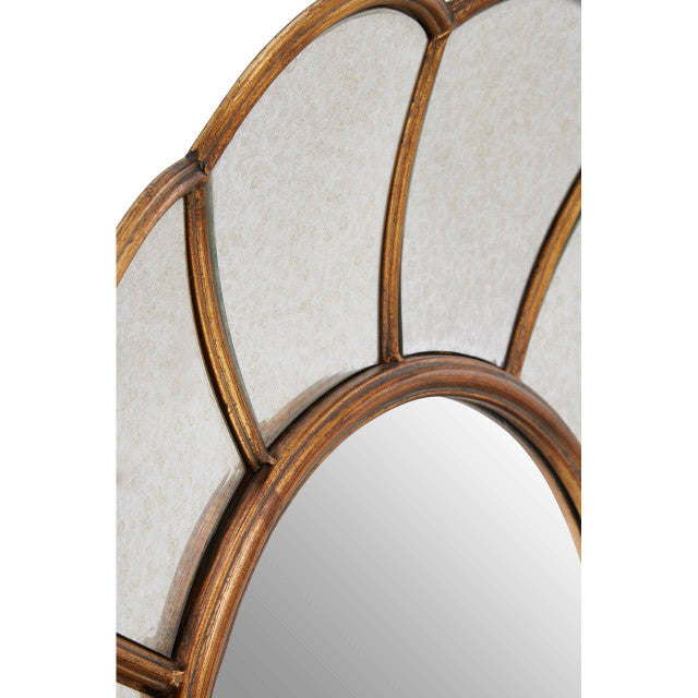 Detailed close-up of the Odette 78cm Round Floral Wall Mirror featuring the antique gold metal frame, individual floral petal mirror panels and refined craftsmanship, perfect for creating an elegant decorative feature wall.