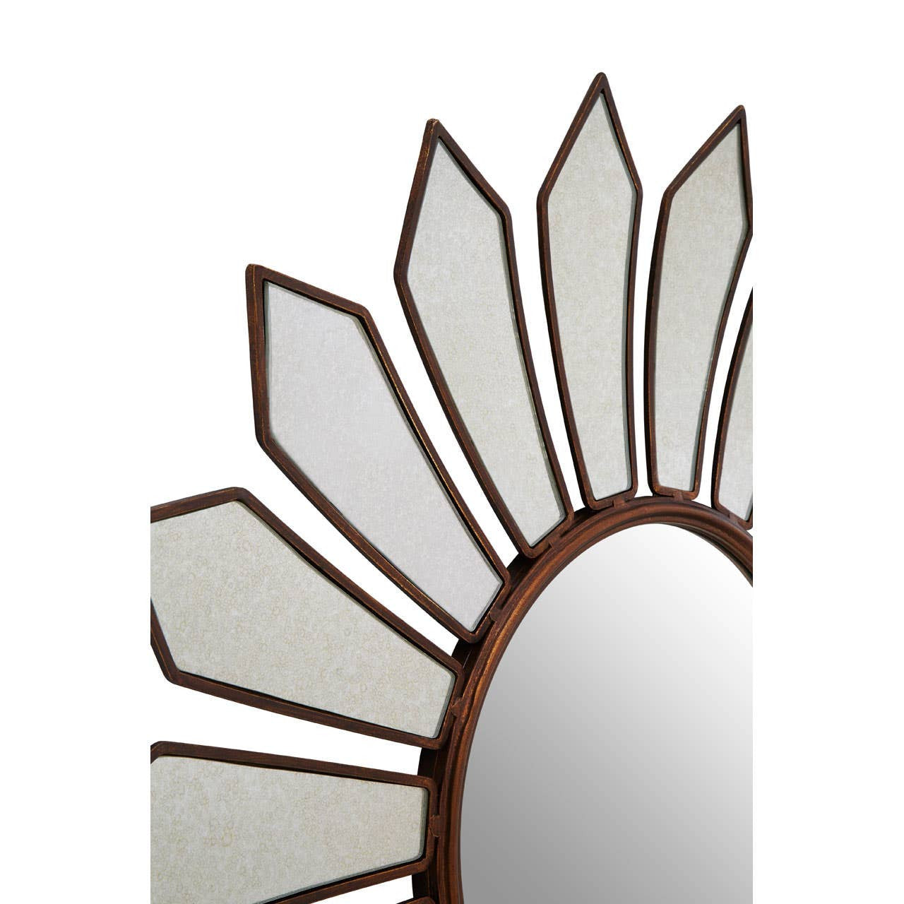 Detailed close-up of the Odette 109cm Round Floral Wall Mirror showcasing the antique gold metal frame, floral-inspired mirrored panels and elegant sunburst design that creates a luxurious statement wall feature.