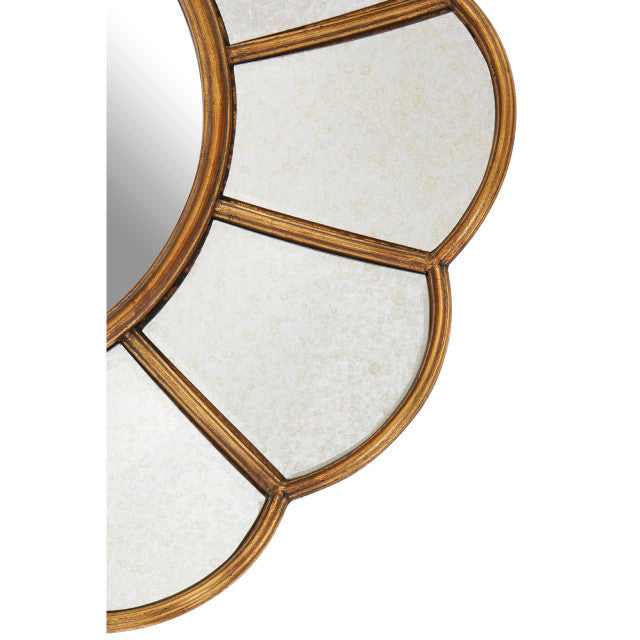 Close-up detail of the Odette 78cm Round Floral Wall Mirror highlighting the handcrafted antique gold petal frame, decorative mirrored glass panels and premium artisan finish that brings timeless elegance to luxury home décor.