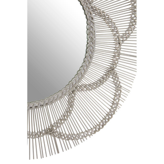 Detailed close-up of the Odette 81cm Floral Wall Mirror featuring the elegant silver petal frame, woven metal border and decorative radiating spokes that create a refined luxury statement mirror.