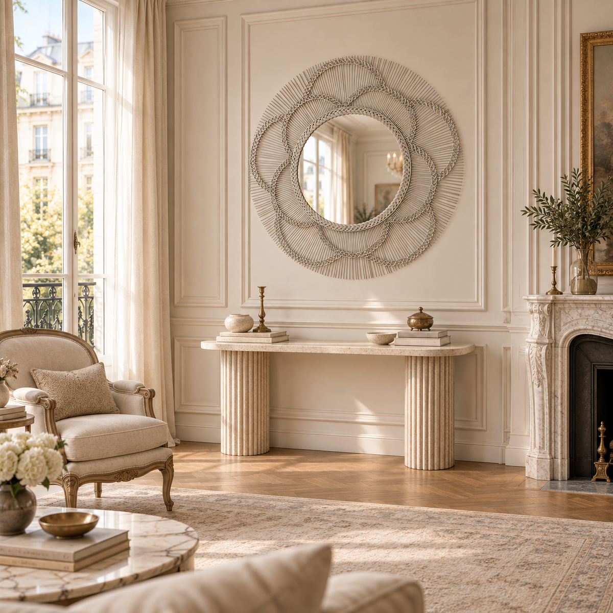 Odette silver petal wall mirror in a cream Parisian salon with console table, fireplace, armchair and tall window.