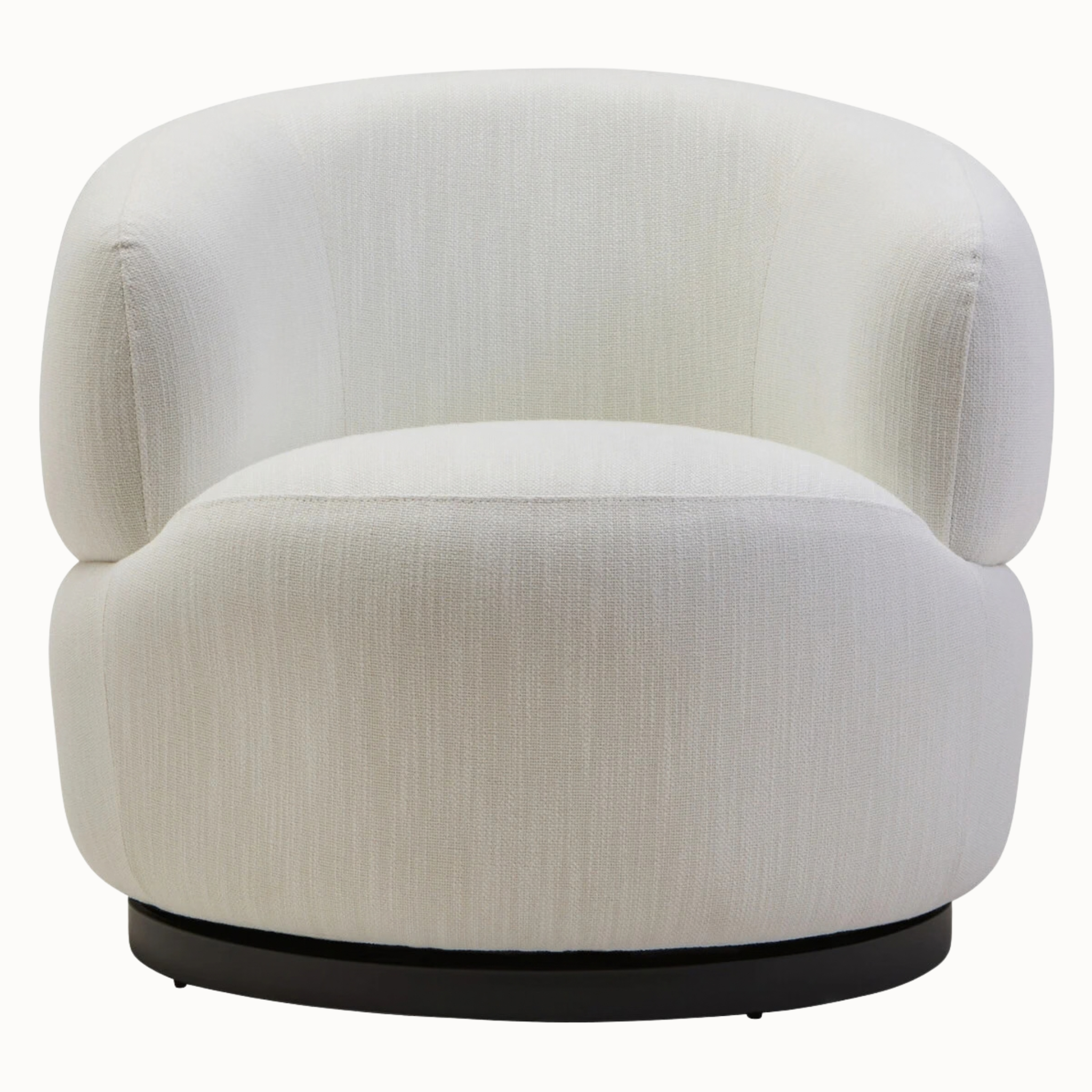 Front view of Odile 86cm textured cream curved swivel armchair with black circular base on white background