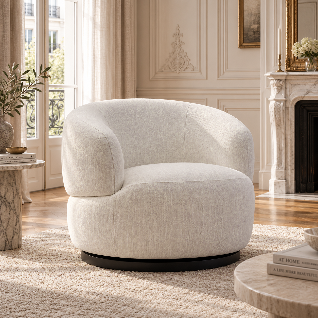 Odile cream curved swivel armchair in a Parisian living room with marble fireplace, wood floor and neutral rug