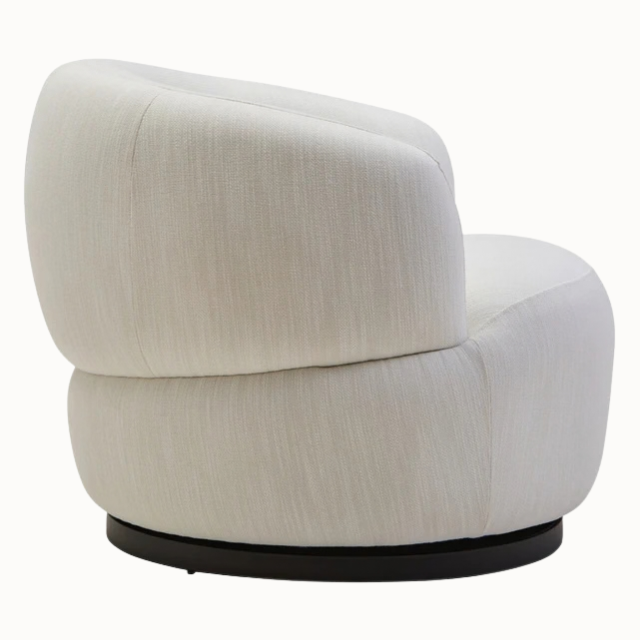 Rear side view of Odile textured cream curved swivel armchair with rounded back and black base on white background