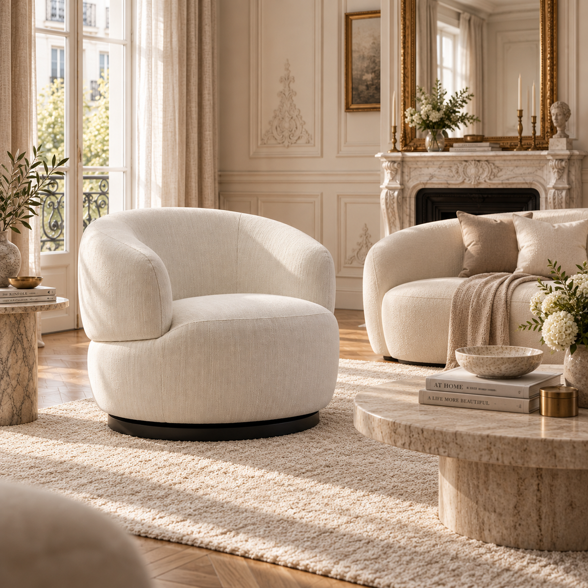 Odile cream upholstered swivel armchair in a luxury living room with marble fireplace, sofa and travertine table