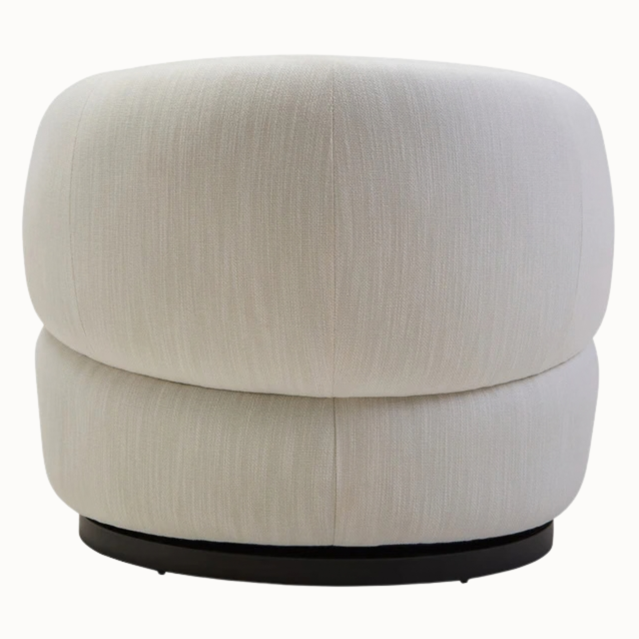 Rear view of Odile cream upholstered curved swivel armchair with rounded silhouette and black base on white background