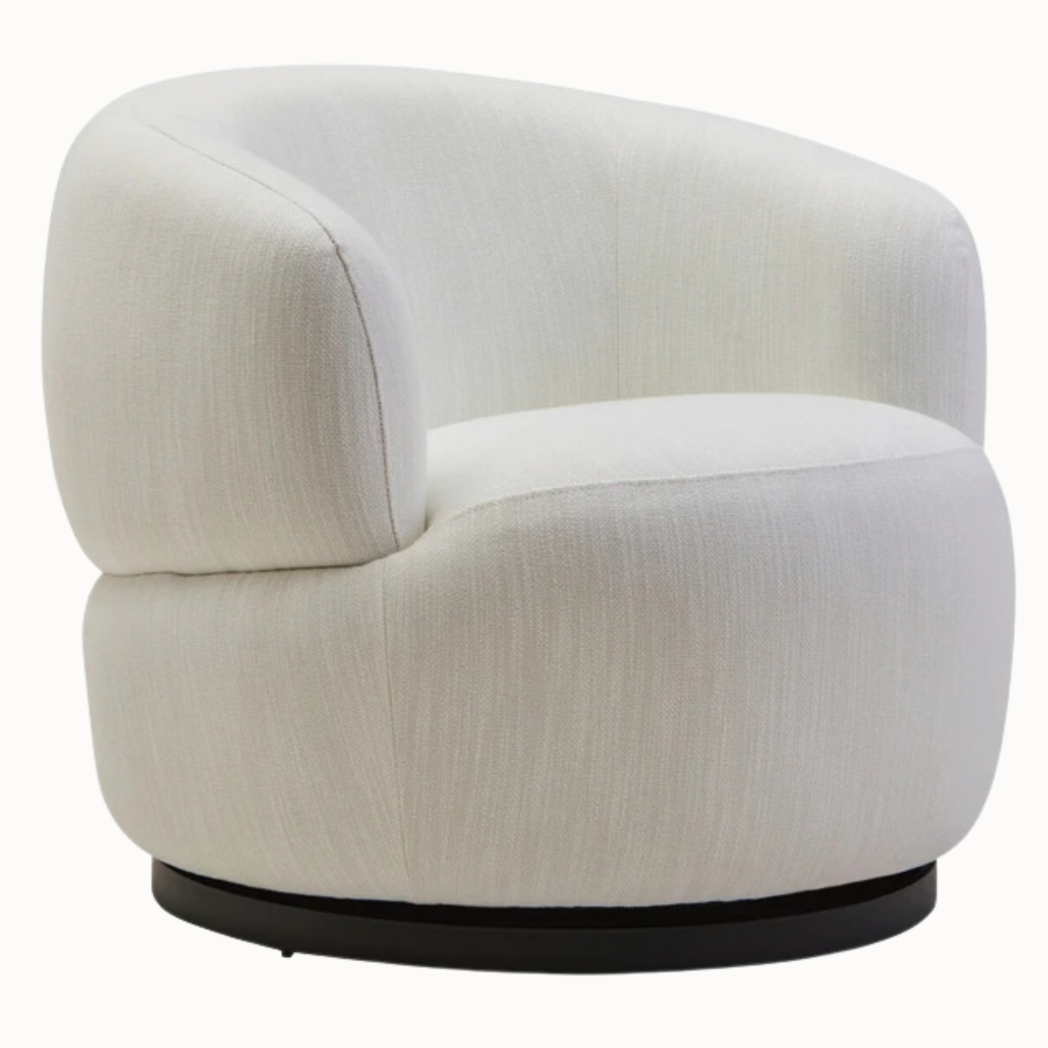 Angled view of Odile textured cream upholstered curved swivel armchair with black base on white background
